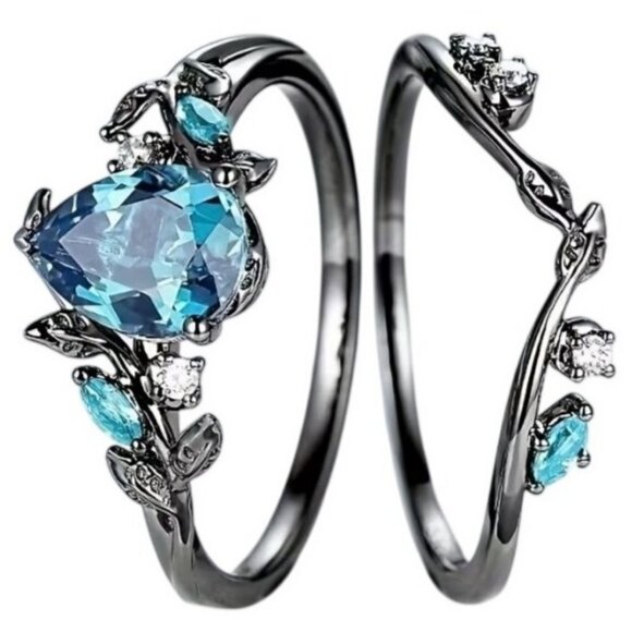 Pear Cut Blue Topaz & Moissanite 2 piece Bridal Wedding engagement ring Rhodium - Picture 2 of 5